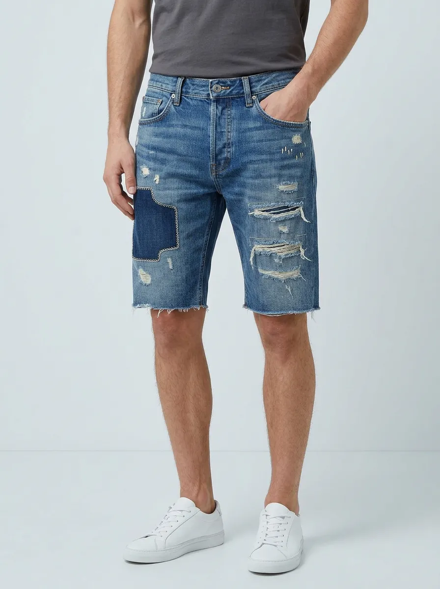Men's Relaxed Patchwork Distressed Raw Hem Distressed Denim Shorts