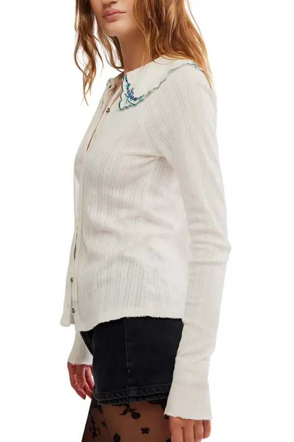 Floral Embroidered Button Front Peter Pan Collar Long Sleeve Shirt