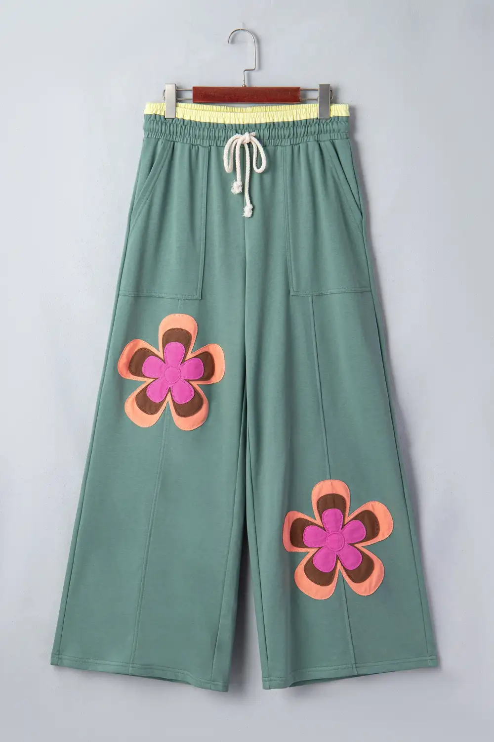 Flower Patchwork Drawstring Contrasted Elastic Rise Wide Leg Pants