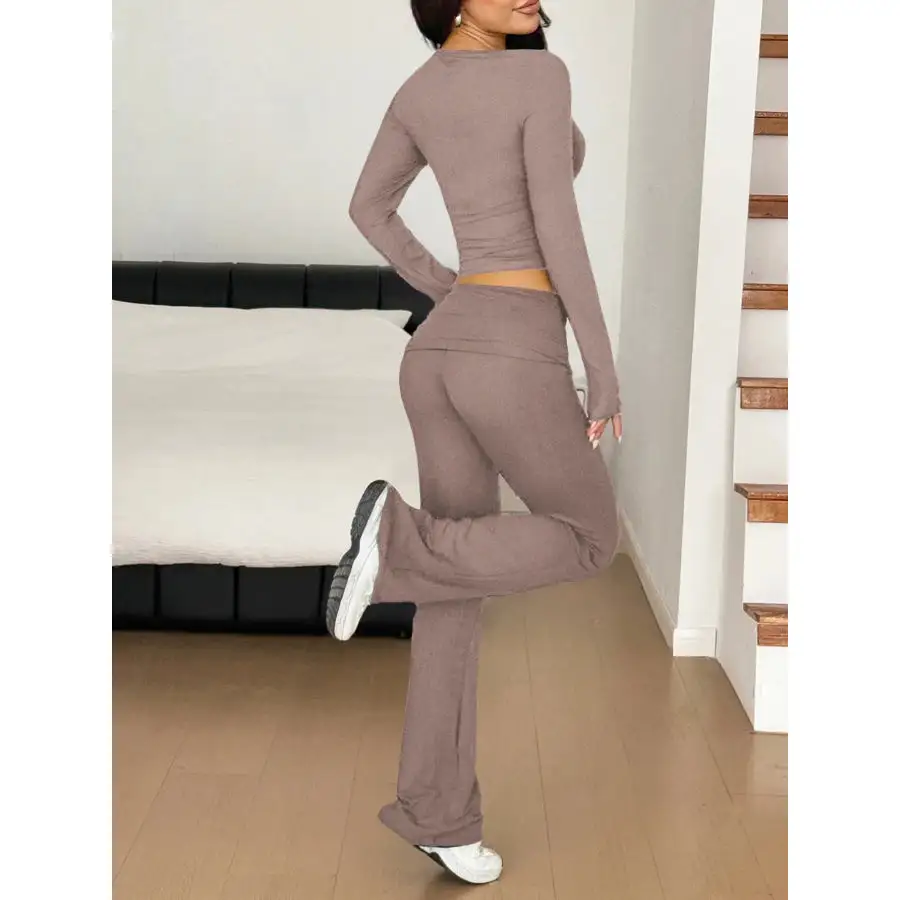 Long Sleeve Crop Top and Bootcut Pants Set