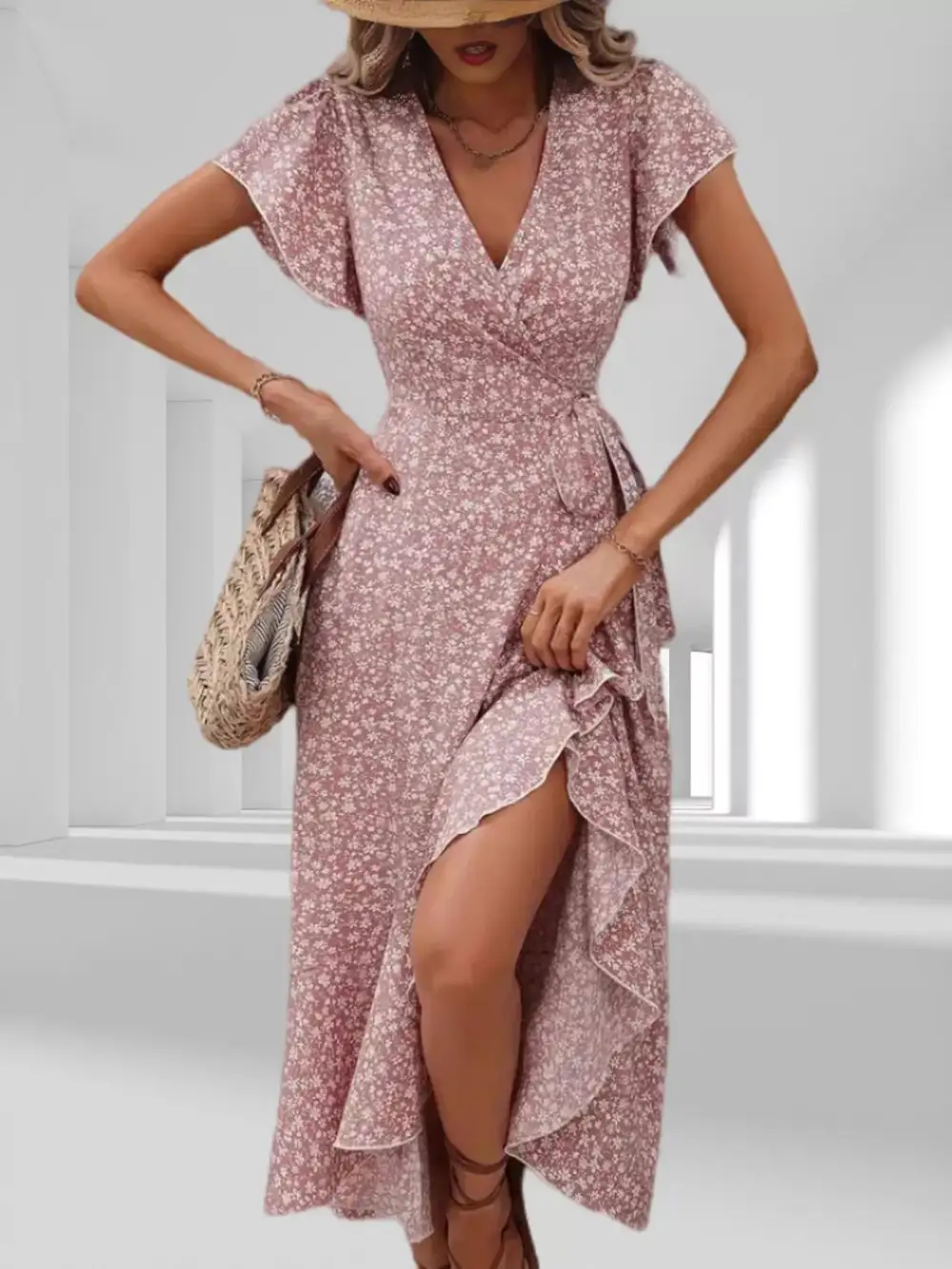 Print Ruffle Hem Wrap Midi Dress