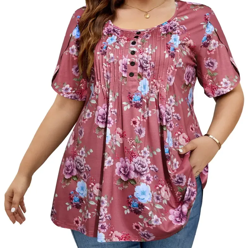 Women's Plus Size Summer Waist-Cinching Top with Round Neck and Printed Casual Short Sleeves