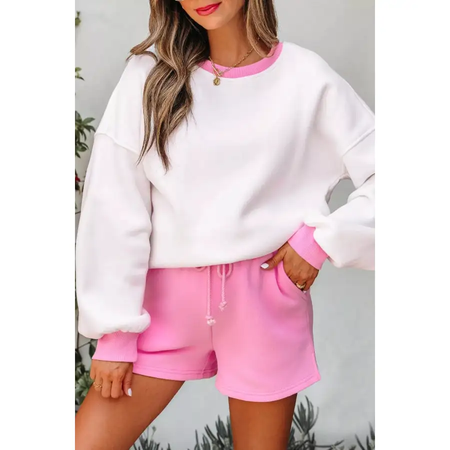 Block Sweatshirt and Elastic Waist Shorts Set