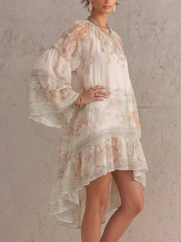 Flared Sleeve High Low Flower Print Pleated Mock Neck Mini Dress
