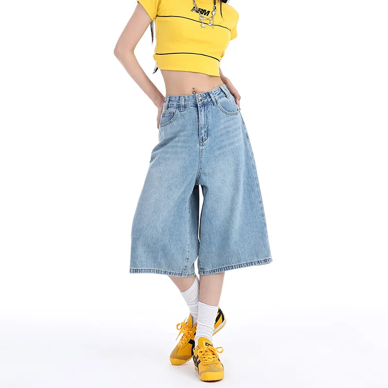 High Waist Wide Leg Denim Shorts