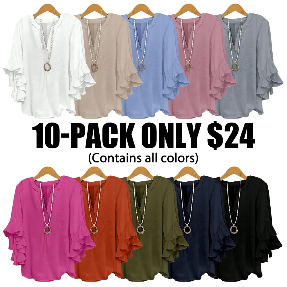 Plus-Size Women's Slim-Fit Shirt With Ruffled Sleeves And V-Neck