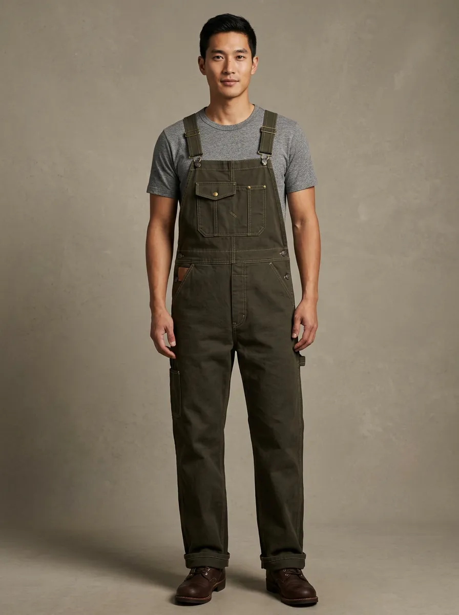 Men's Casual Olive Green Multi-Pocket Cotton Overalls