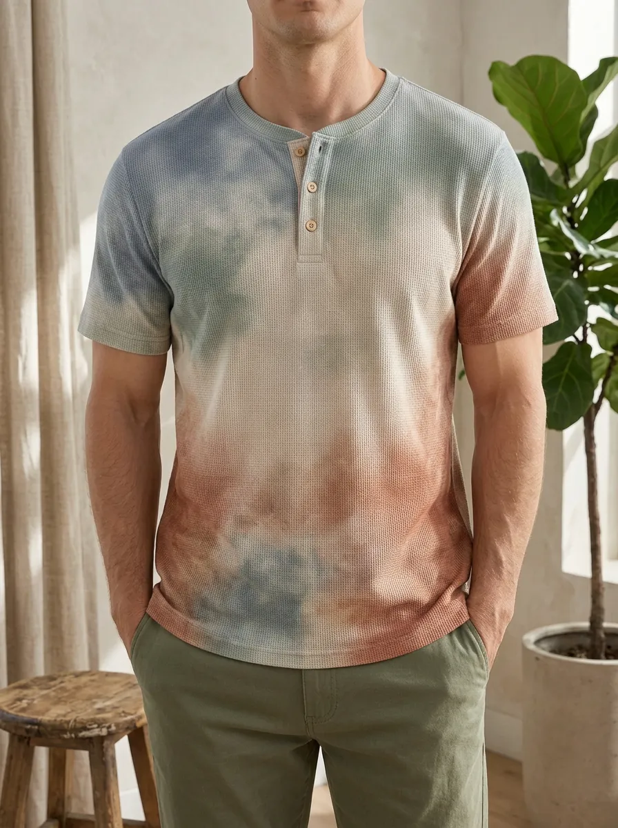 Men's Classic Tie-Dye Waffle Knit Buttoned Henley T-Shirt