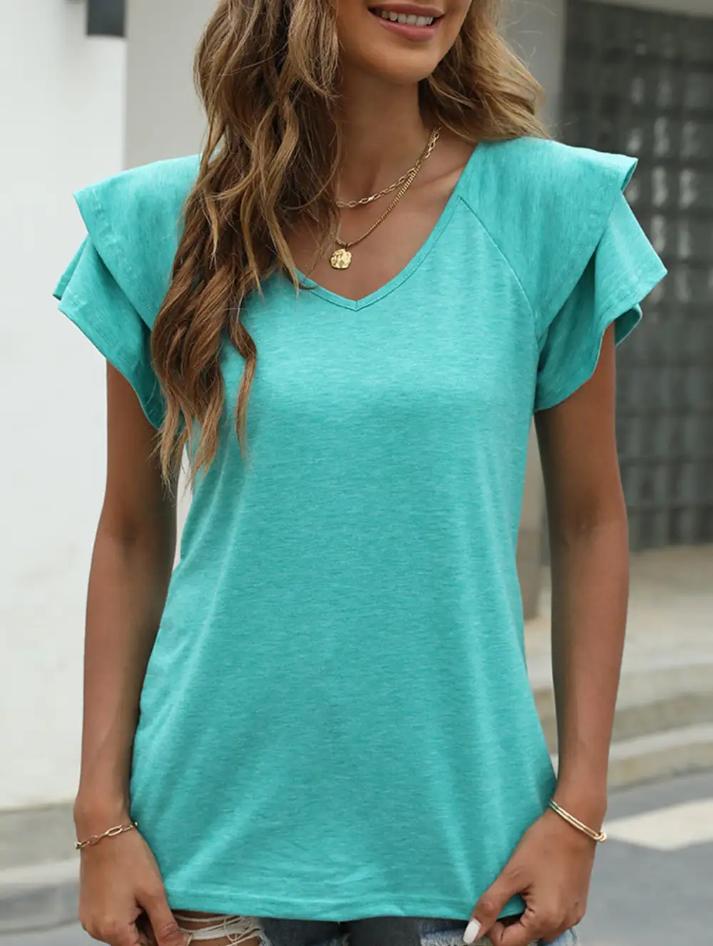 Solid Color V-Neck Ruffle Sleeve T-Shirt