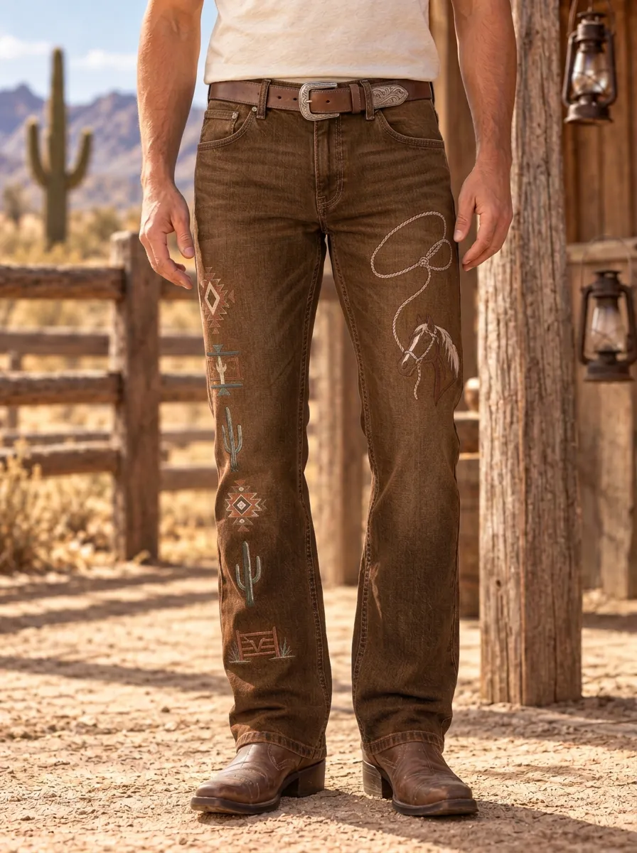 Men's Modern Western Cowboy Horse Cactus Jeans