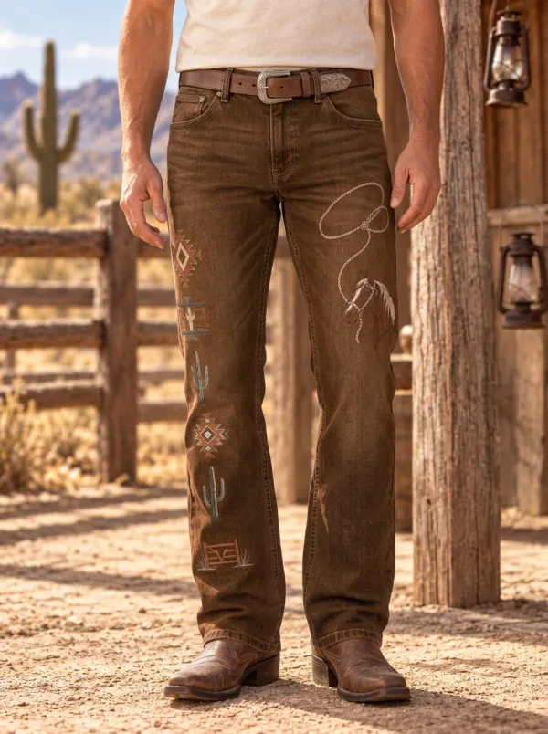 Men's Modern Western Cowboy Horse Cactus Jeans