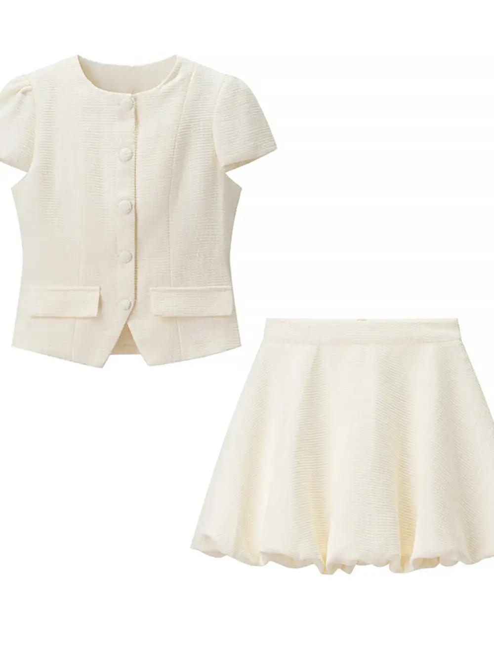 Natural Button Front Short Sleeve Coordinated Sets