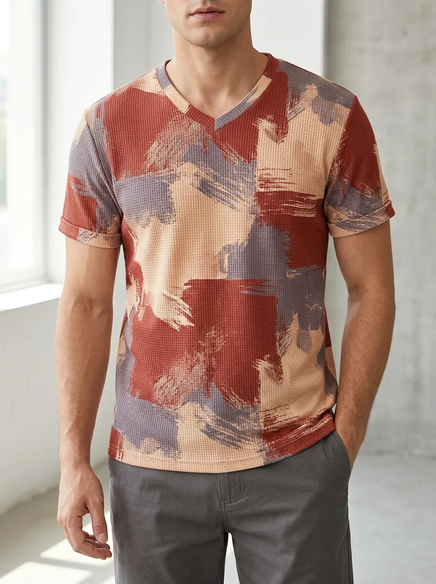 Men's Minimal Abstract Brushstroke Waffle Knit V-Neck T-Shirt