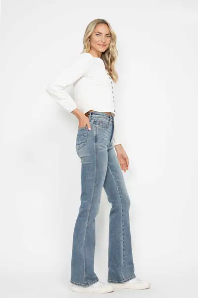 Tummy Control Back Embroidered Pocket Bootcut Denim Jeans