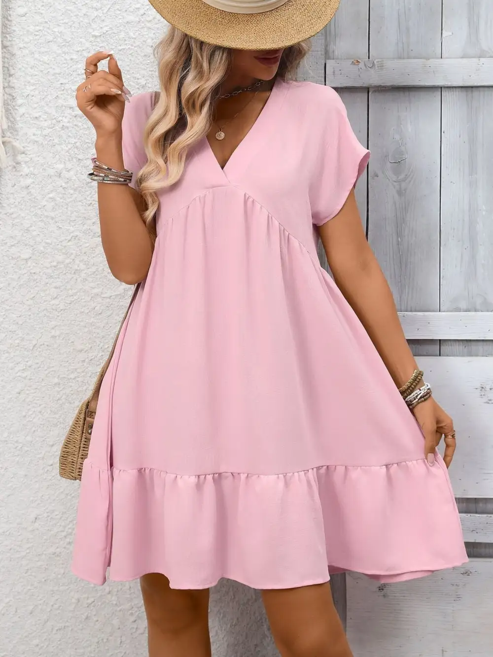 V Neck Ruffle Mini Dress