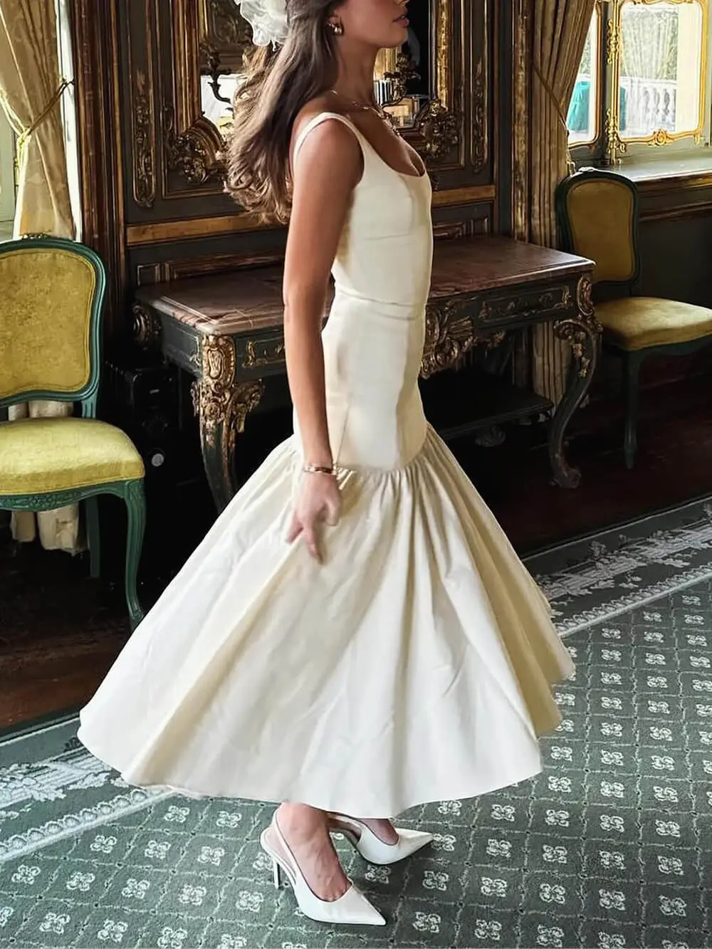 Graceful Square Neck Wide Strap Drop Midi Dress