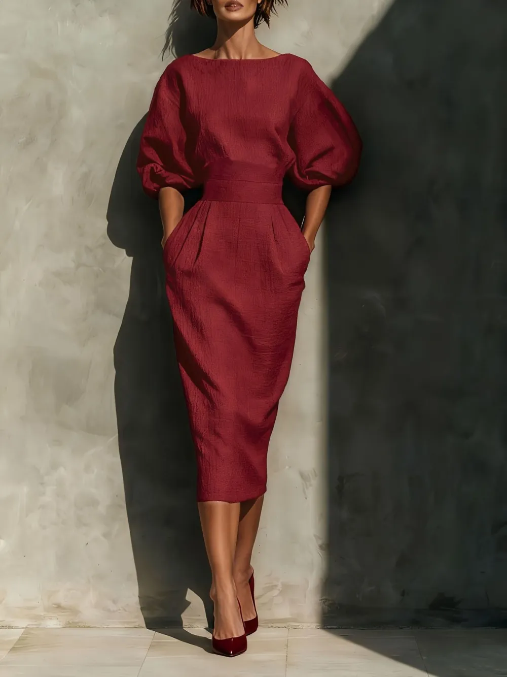 Round Neck Puff Sleeve Midi Dress