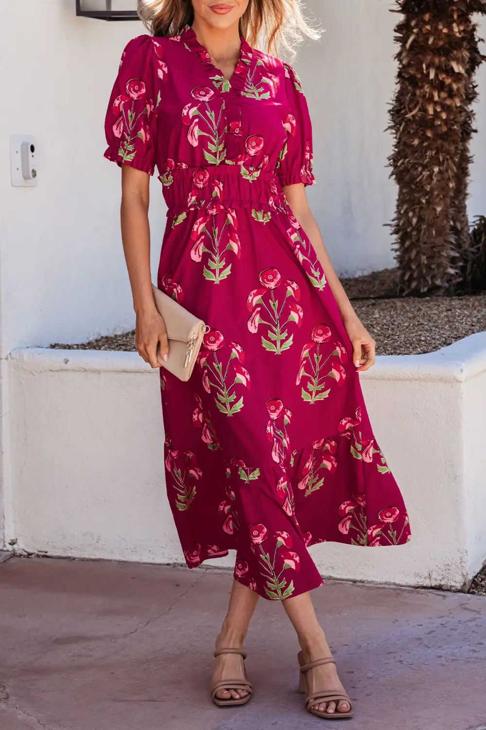 Gathered Detail Floral Printed V Neck Maxi Dress
