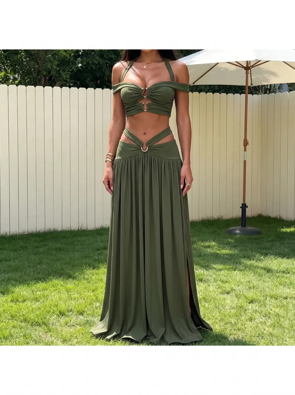 Women's Sexy Olive Green Cutout Ribbed Two-Piece Maxi Skirt Set