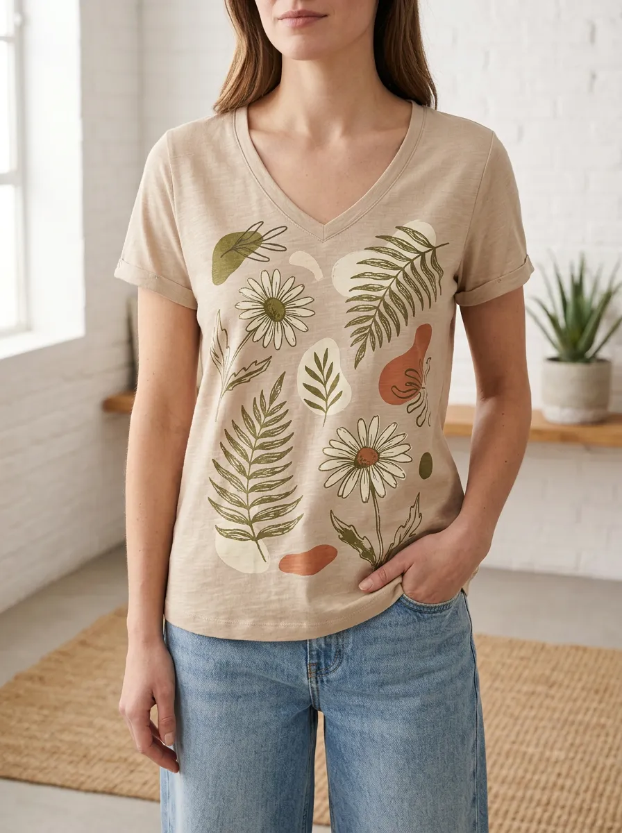 Women's Botanical Nature Lover Daisy Fern Printed V-Neck T-Shirt