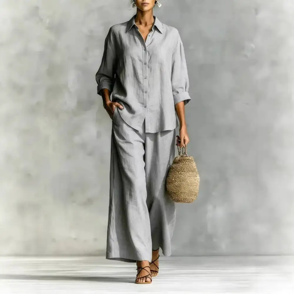 Wide-Leg Button-Up Linen Women's Matching Set