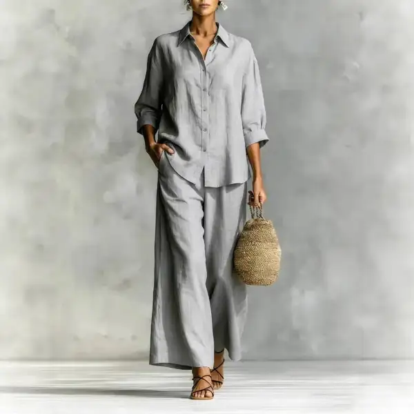 Wide-Leg Button-Up Linen Women's Matching Set