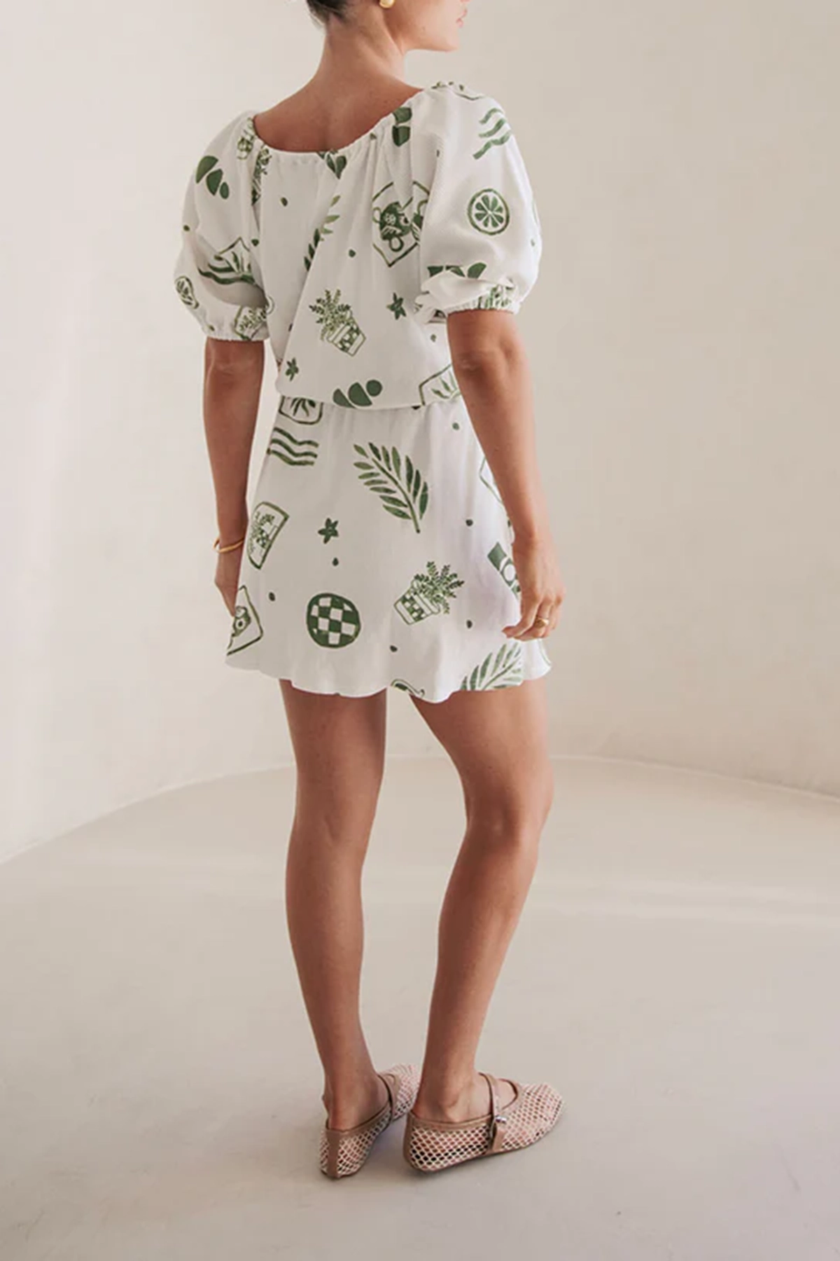 Leaf Print Short Sleeve Tie Waist Mini Dress