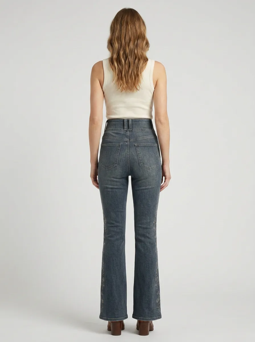 Women's Desert Inspired Floral Embroidery Floral Embroidered High-Rise Flare Jeans