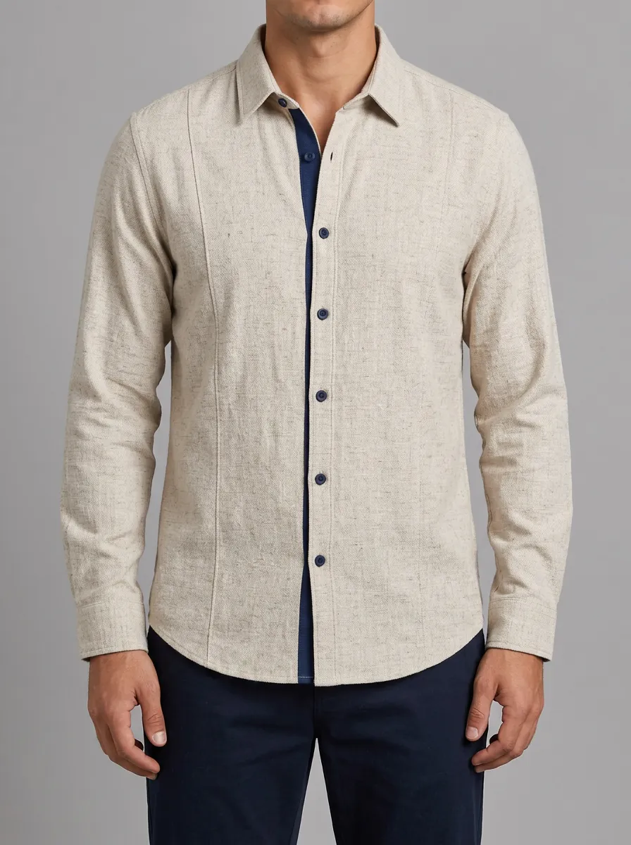 Men's Casual Beige Linen Texture Layered Look Button-Down Shirt