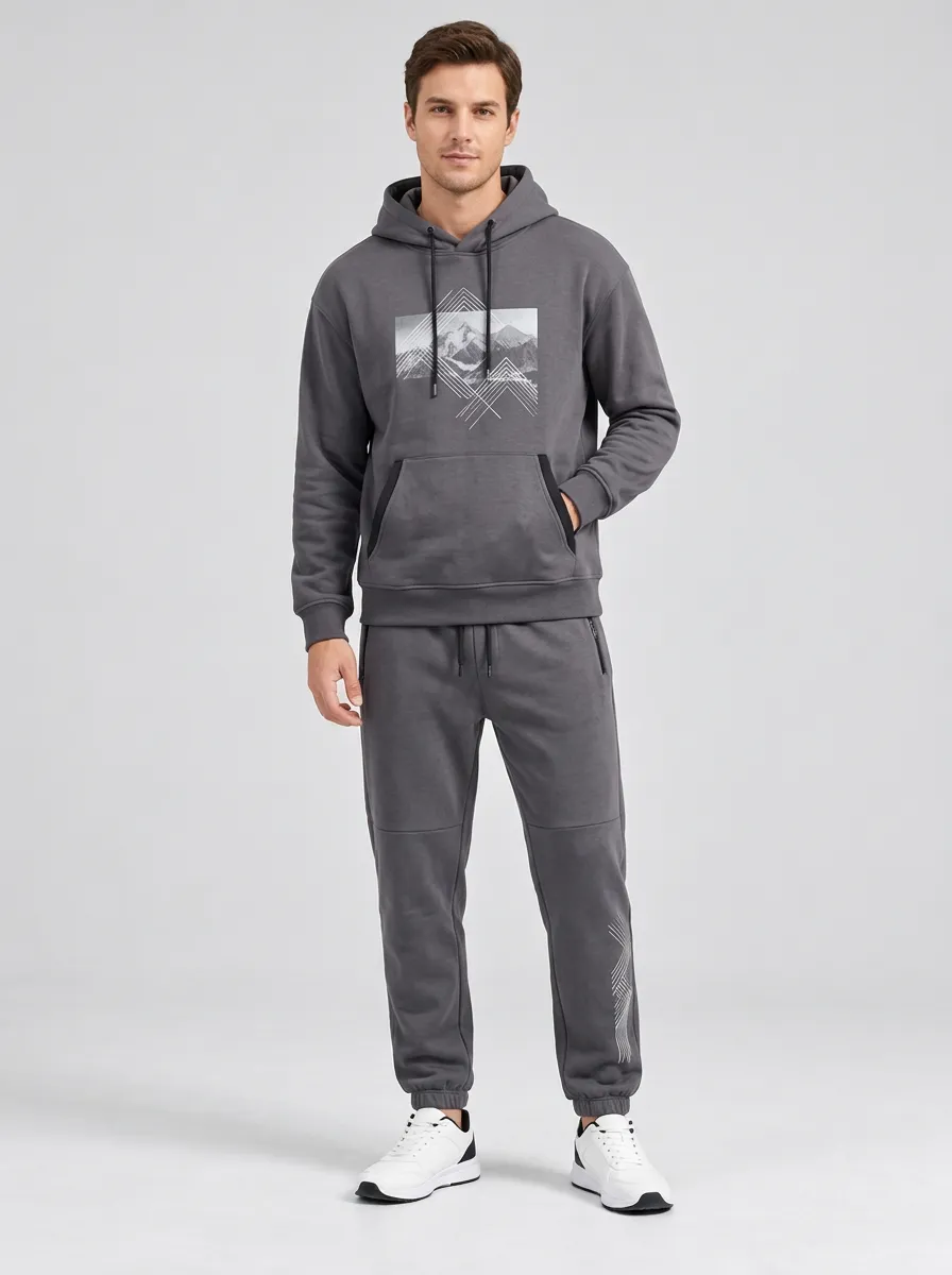 Men's Mountain Outdoor Lover Geometric Printed Hoodie Jogger Set
