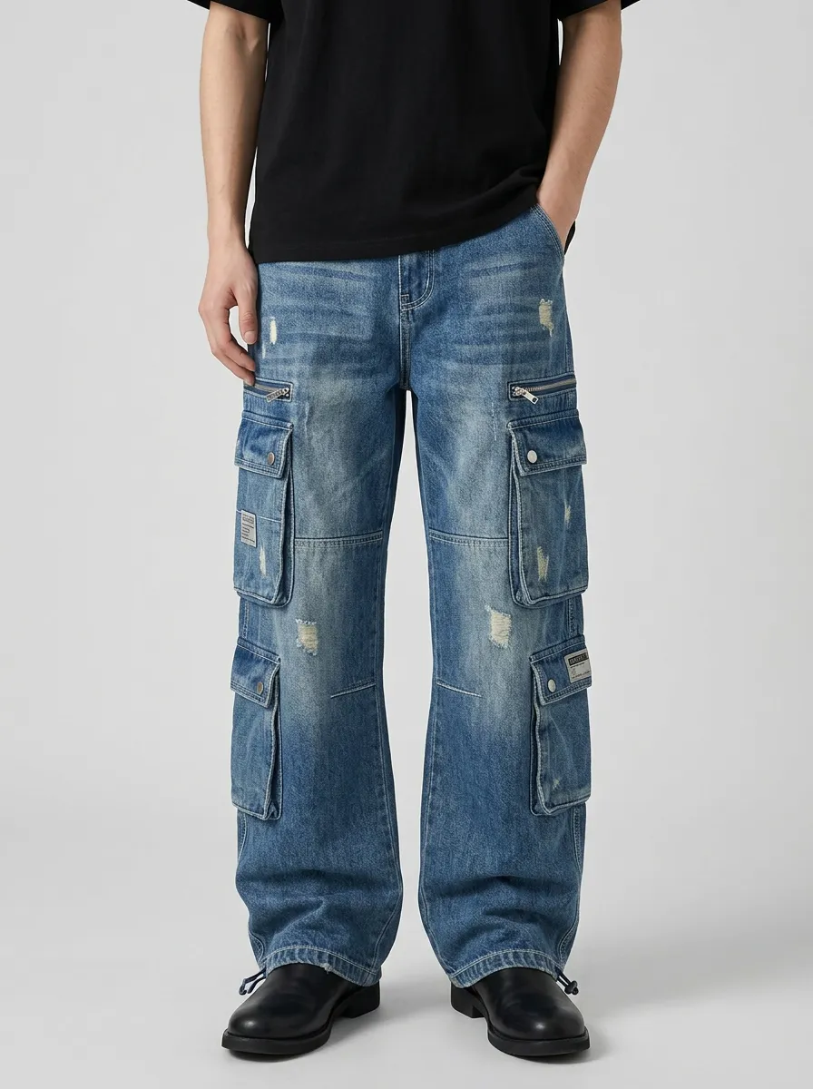 Men's Mid-Blue Patchwork Zip-Pocket Wide-Leg Denim Cargo Pants