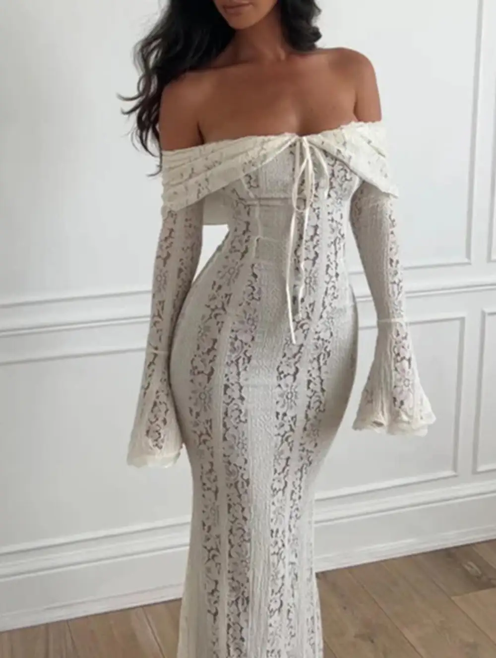 Lace Off Shoulder Bell Sleeve Evening Dress