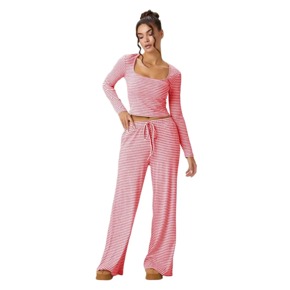 Women's Slouchy Square Neck Stripe Long Sleeve Crop Top & Low-Rise Wide Leg Trousers Co-ord