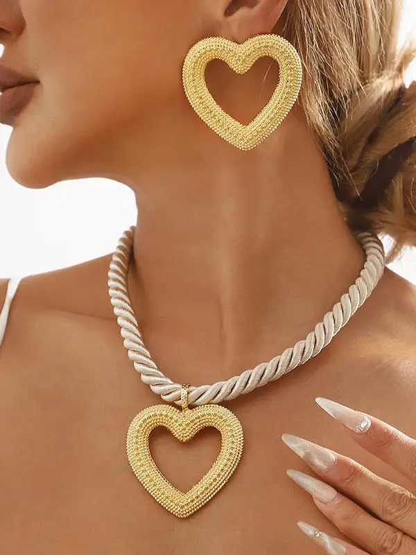 Heart Motif Drop Alloy Necklace Earring Set