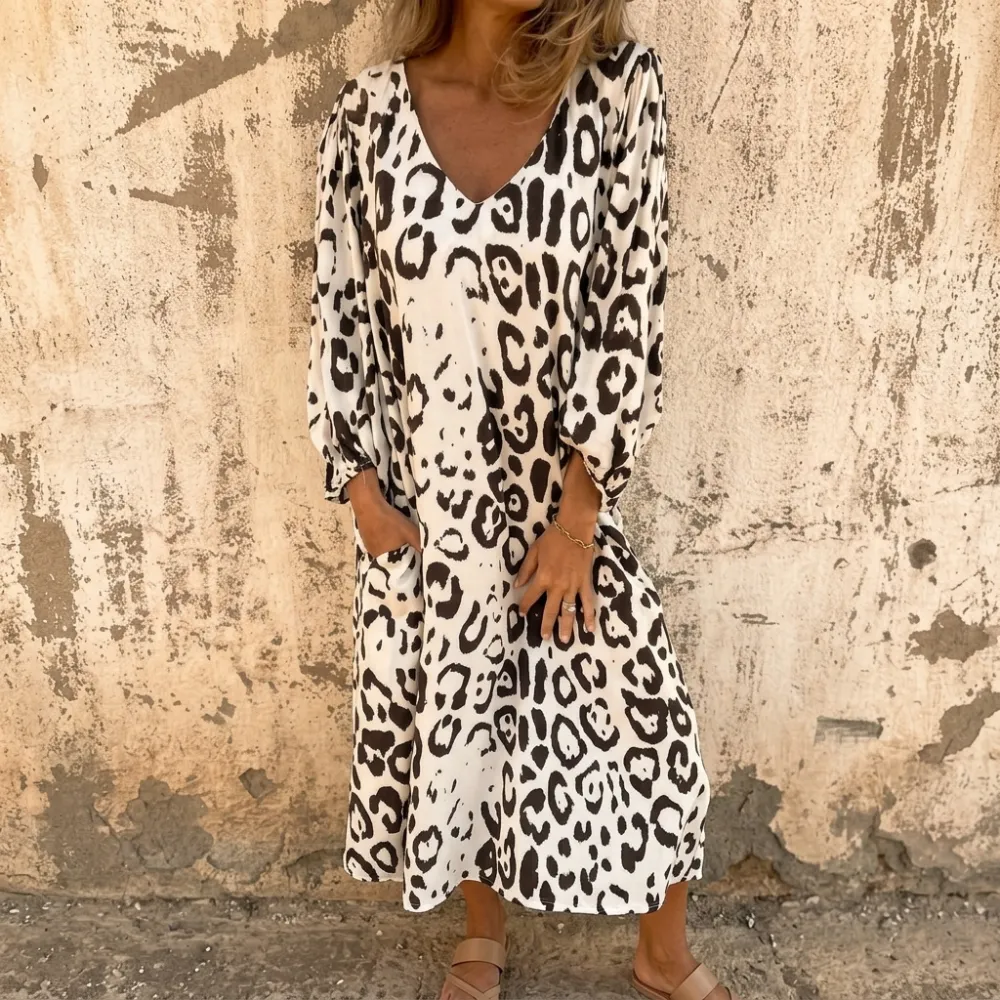 V Neck Pocket Printed Midi Dress