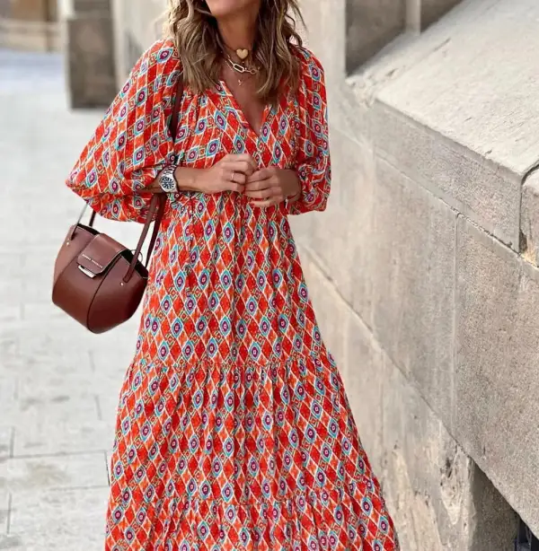 Elegant Short Sleeve Print Maxi Dress