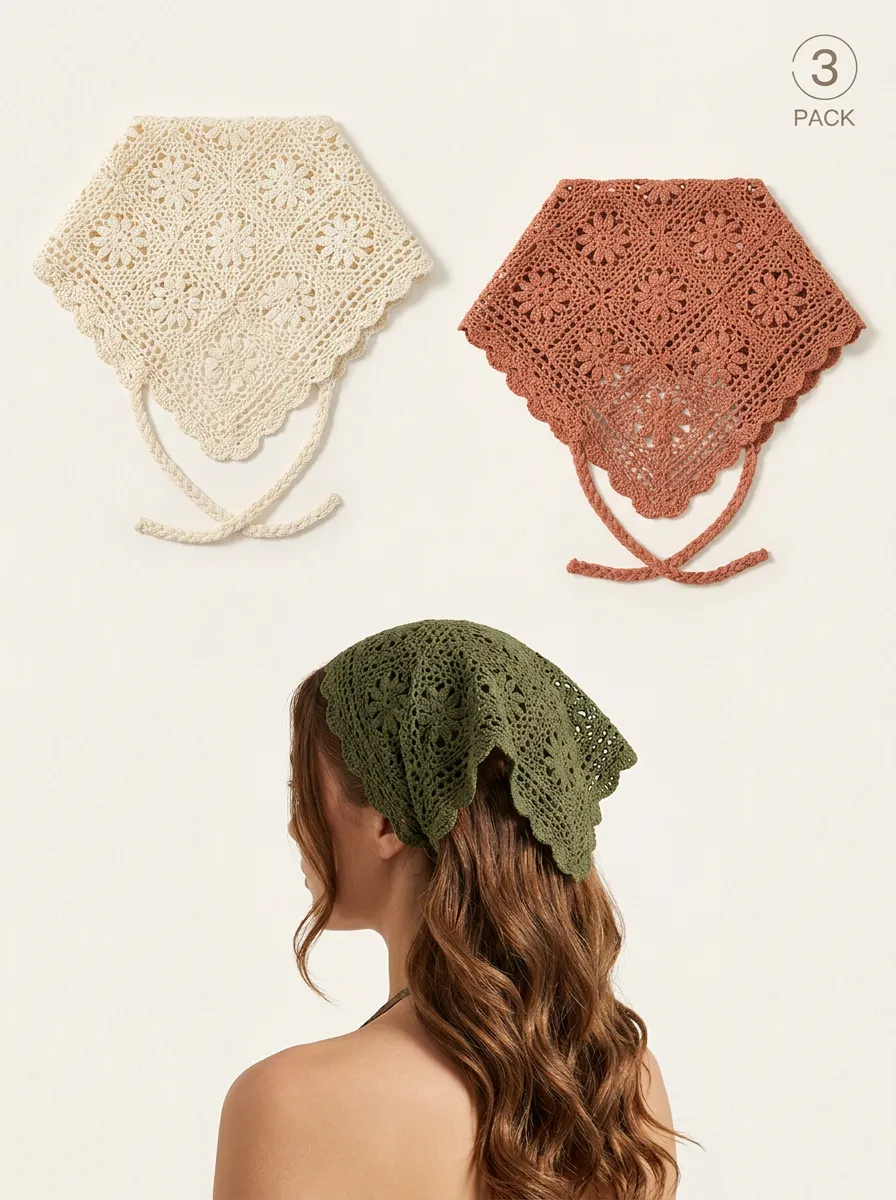 Soft-Look Floral Crochet Three-Piece Bandana Headscarf Set