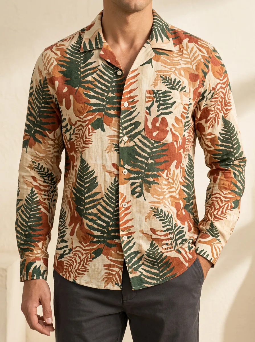 Men's Fern Tropical Botanical Long Sleeve Pattern Shirt
