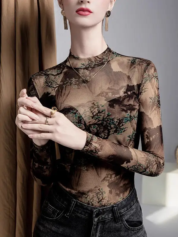 Long Sleeve Curve Fit Asymmetric Mesh Sheer Panel Detail Round Neck T-Shirt