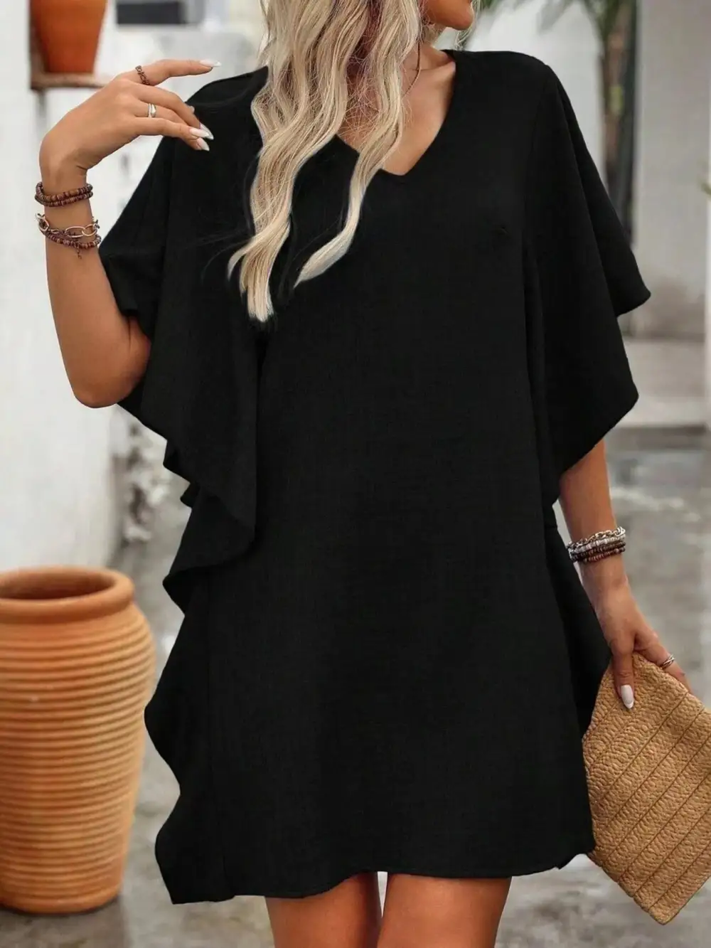 V-Neck Ruffled Mini Dress