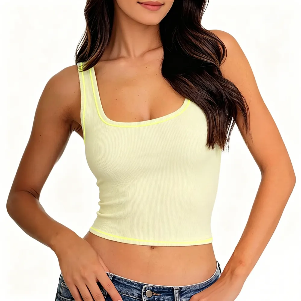 Women Rib Tank Top Padded Workout Top Square Neck Crop Tank