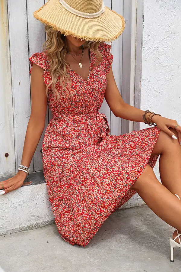 Ruffle Sleeve Flower Print Casual Dress