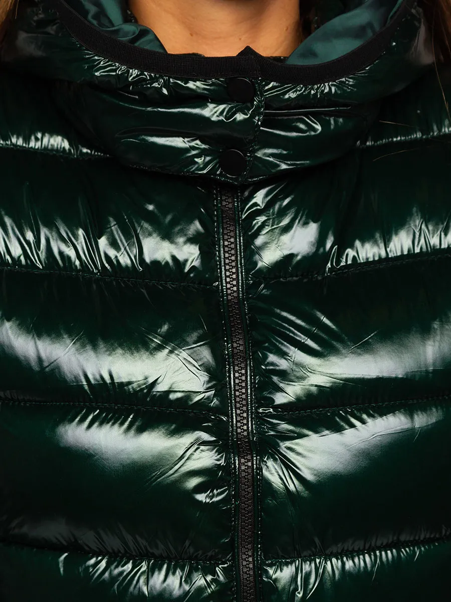 women's green quilted winter jacket with hood