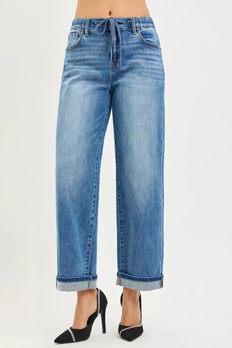 Elastic Waist Cuffed Denim Jeans