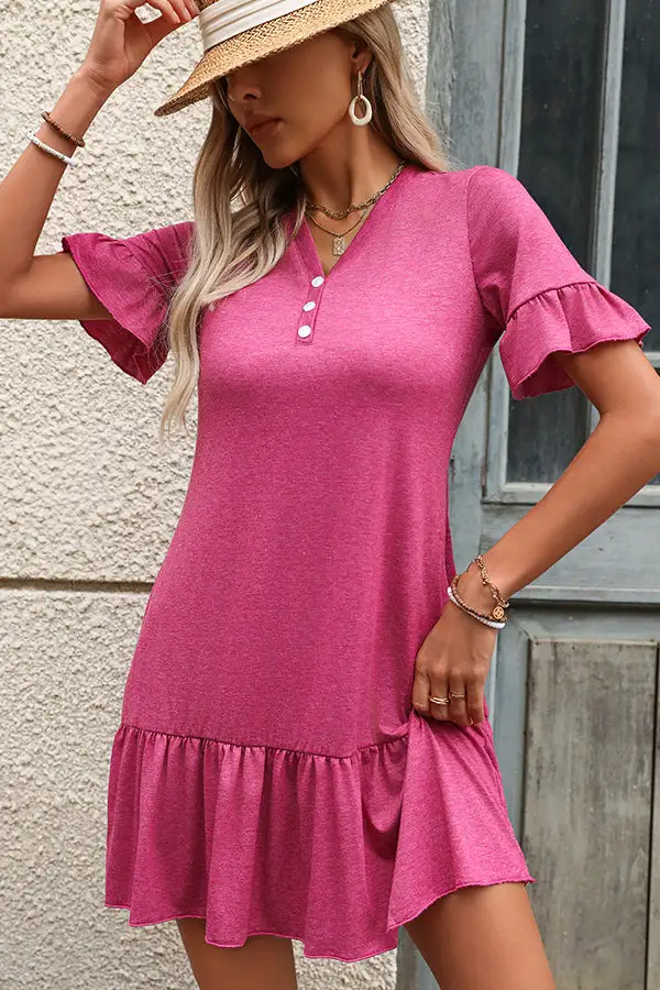 Color Puff Sleeve Casual Mini Dress