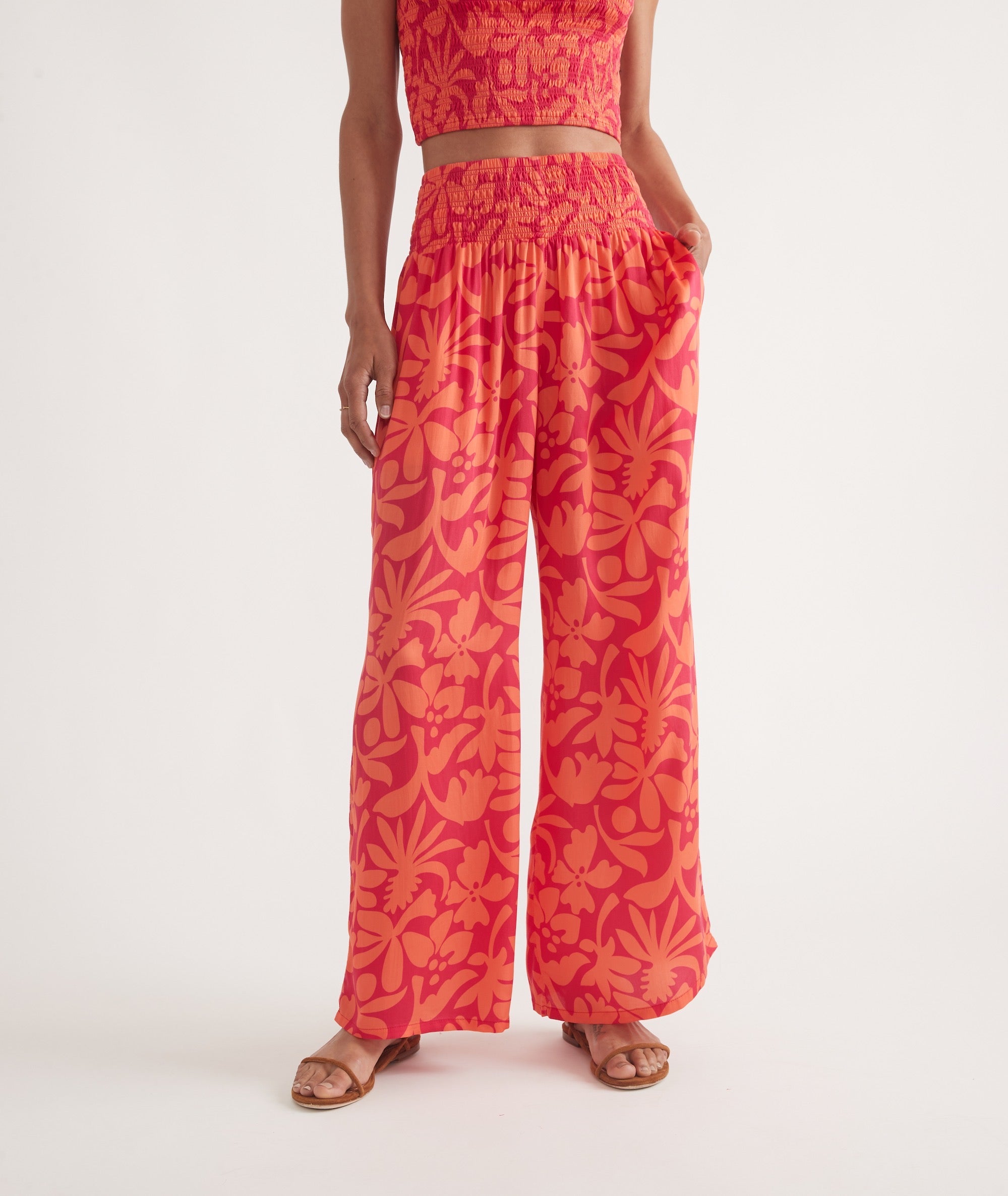 Coral Floral Print Palazzo Trousers