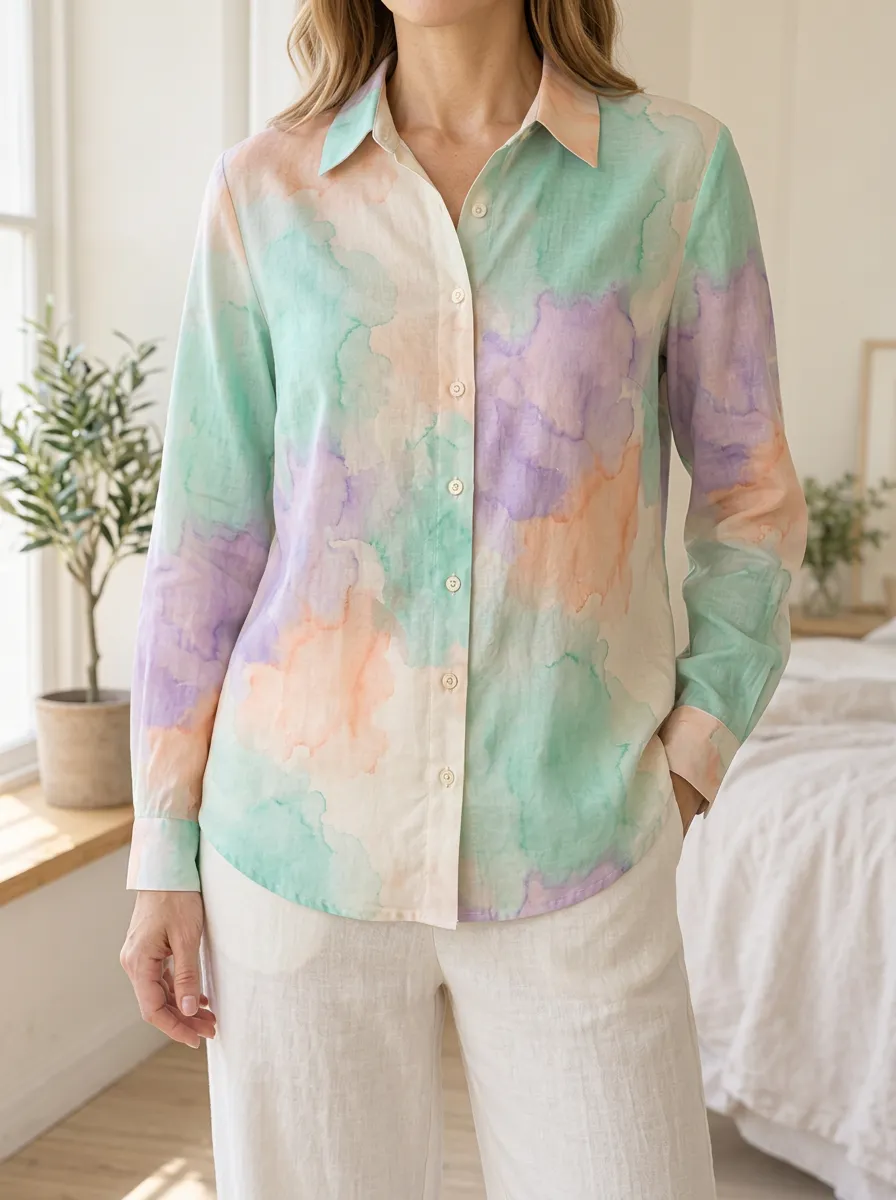 Women's Painterly Pastel Watercolor Abstract Shirt