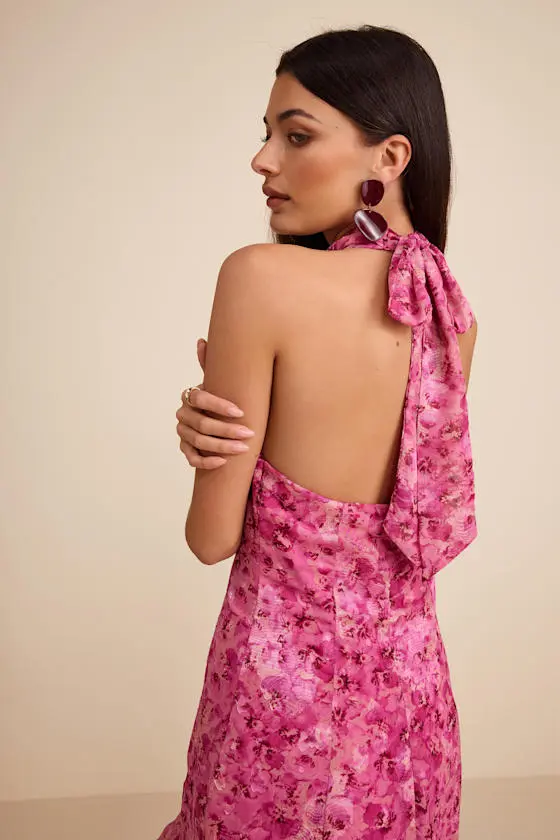 Lana Fuchsia Floral Jacquard Halter Midi Dress