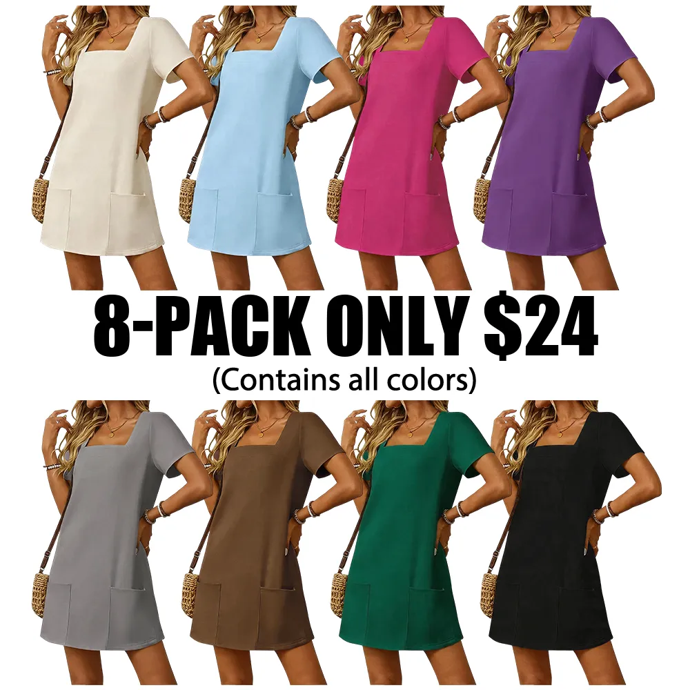 🔥Hot Sale💥Women's Solid Color Square Neck Slim Dress🔥13-PACK - All Colors Included