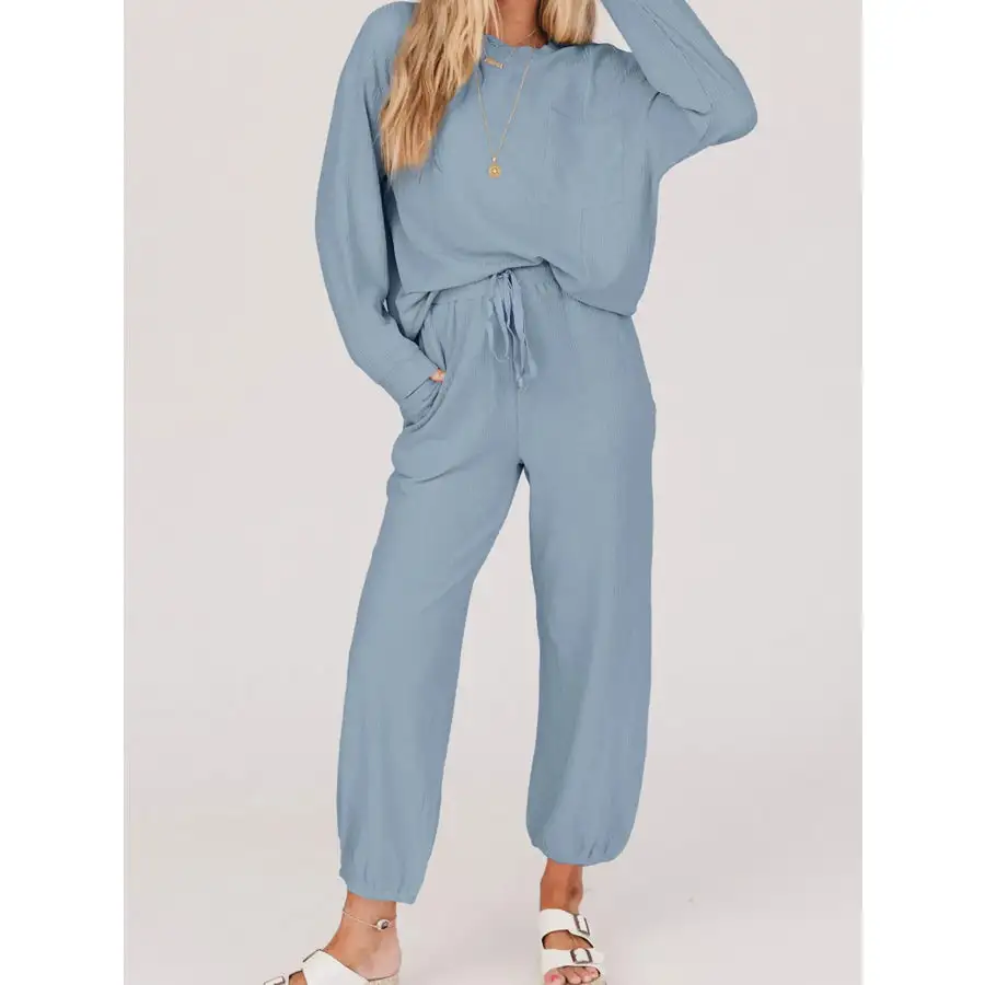 Ribbed Round Neck Sweatshirt and Drawstring Pants Set